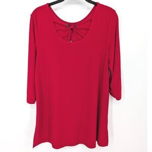 Alisha D Top Women Small Red Strappy Lattice Neck 3/4 Sleeve Tunic Blouse Mature